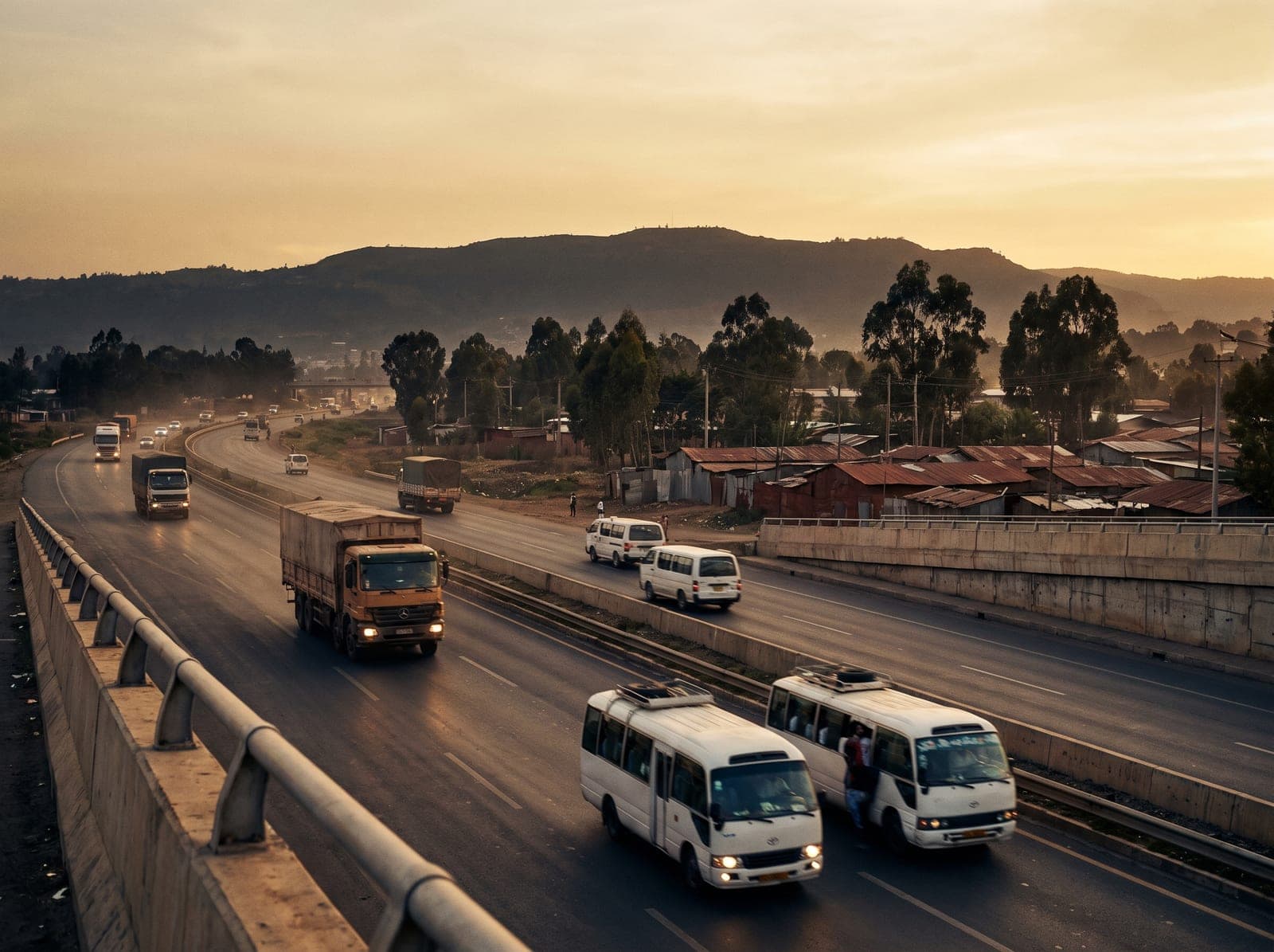 Ring road heading west out of Addis Ababa at dusk
