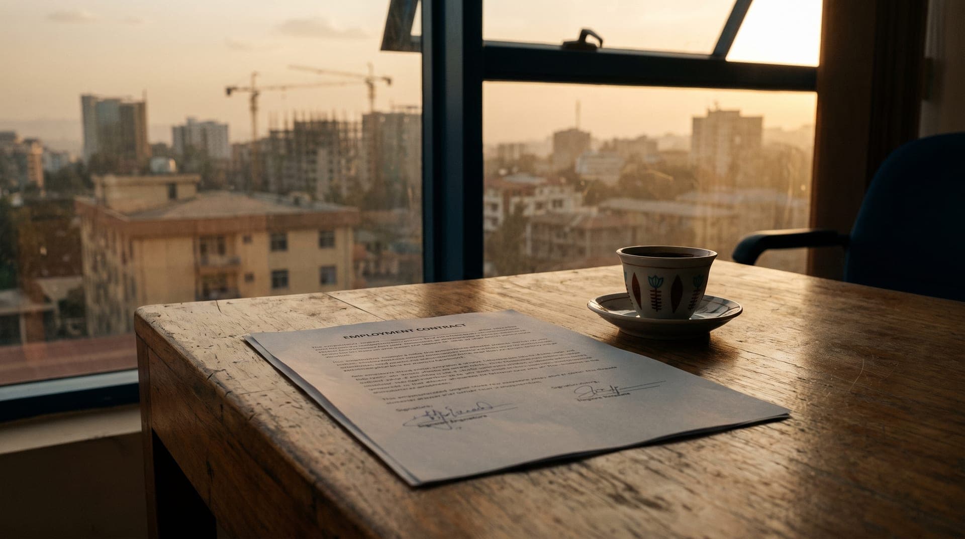 A signed employment contract and an Ethiopian coffee cup on a wooden desk in an Addis Ababa office