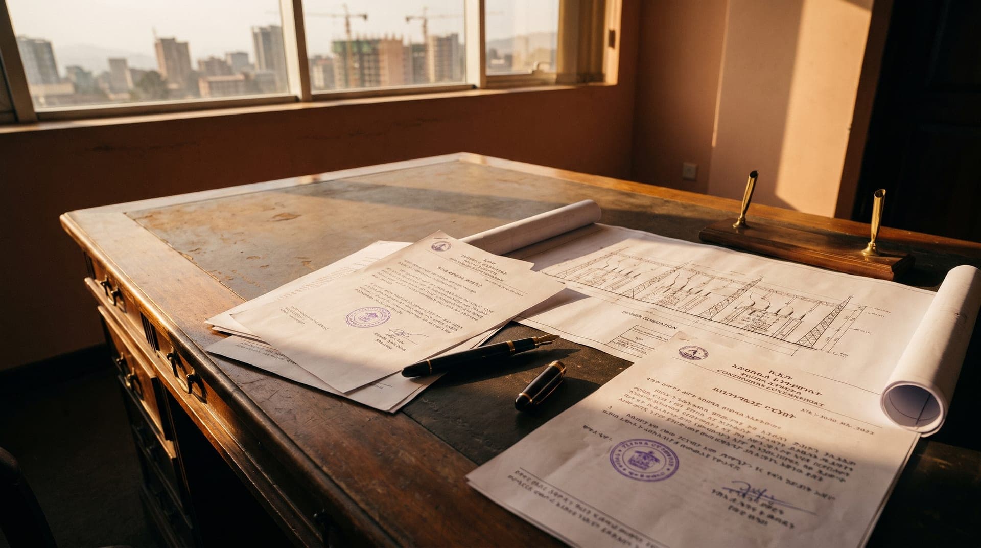 Stamped official documents, a fountain pen, and a blueprint rest on a large wooden desk