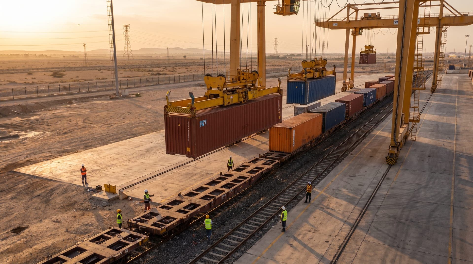 Shipping containers are loaded onto a freight train at an industrial port terminal