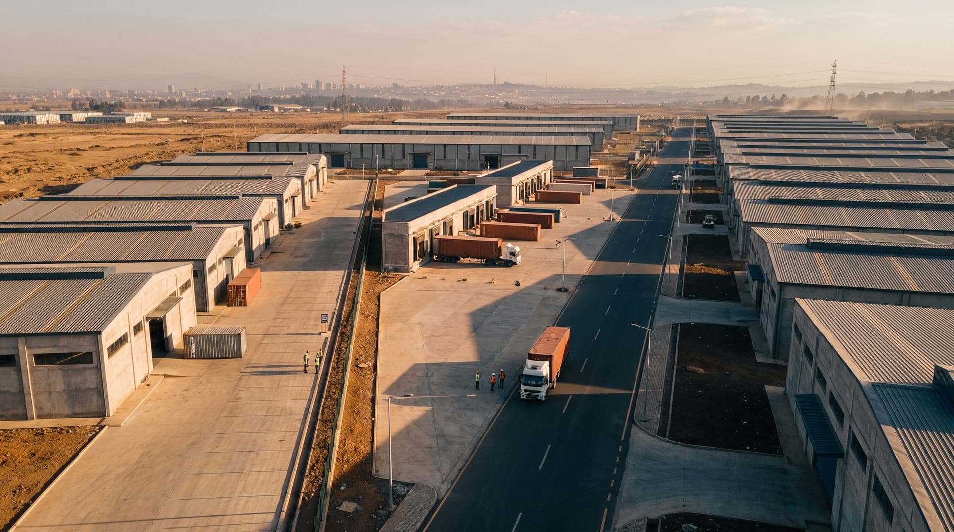 Modern industrial park with standardized concrete sheds, asphalt roads and container loading docks