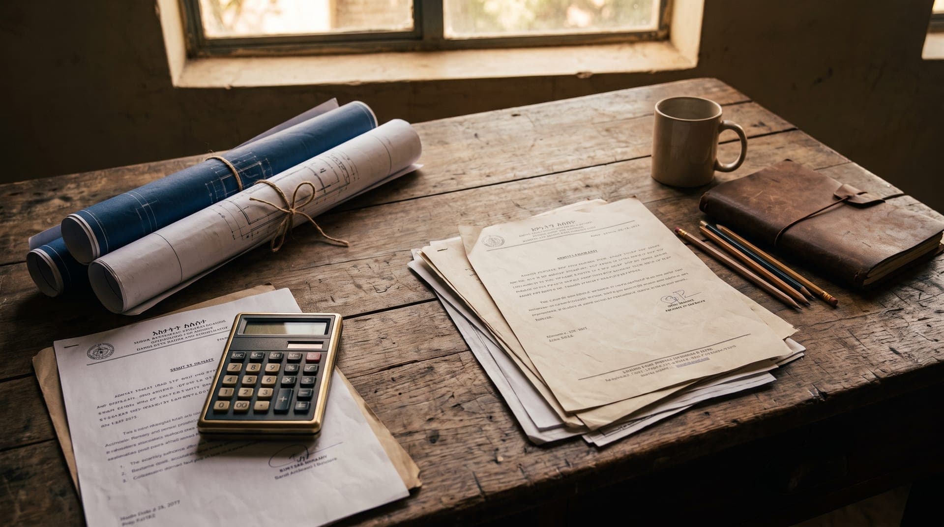 Rolled blueprints, a calculator and standard procurement documents on a wooden desk lit by natural morning light