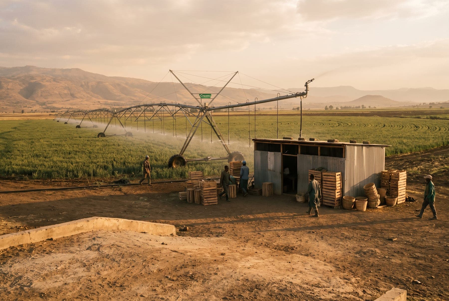 A centre-pivot irrigated field in the Ethiopian Rift Valley with a processing shed and stacked crates in morning light