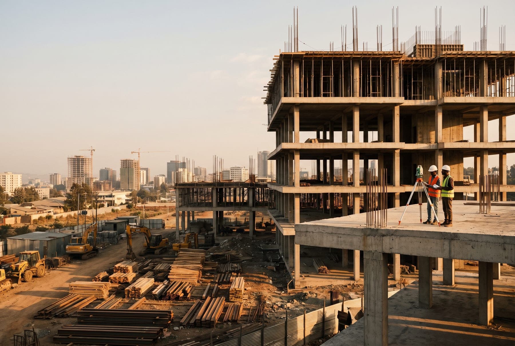 A concrete building under construction in Addis Ababa with a materials yard below and surveyors on the slab