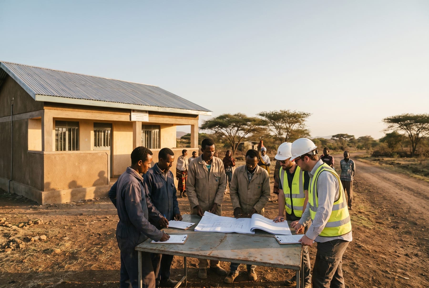 Local staff and engineers review documents on a folding table at a newly built rural water facility in Ethiopia