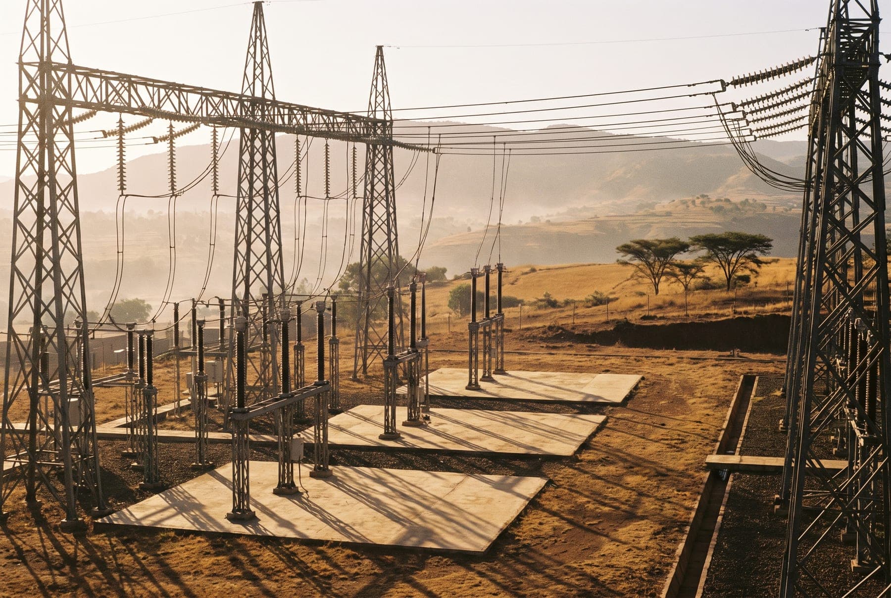 Steel lattice towers and power lines of a high-voltage transmission substation on the Ethiopian highlands at first light