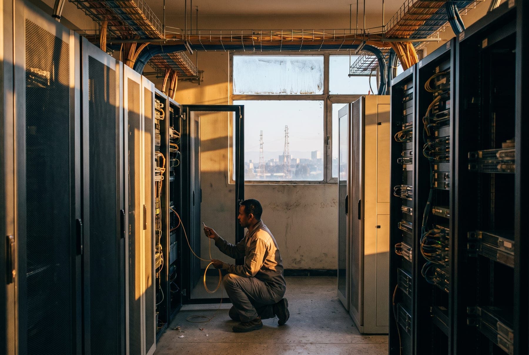 A technician works at a server rack in an Addis Ababa data centre cold aisle