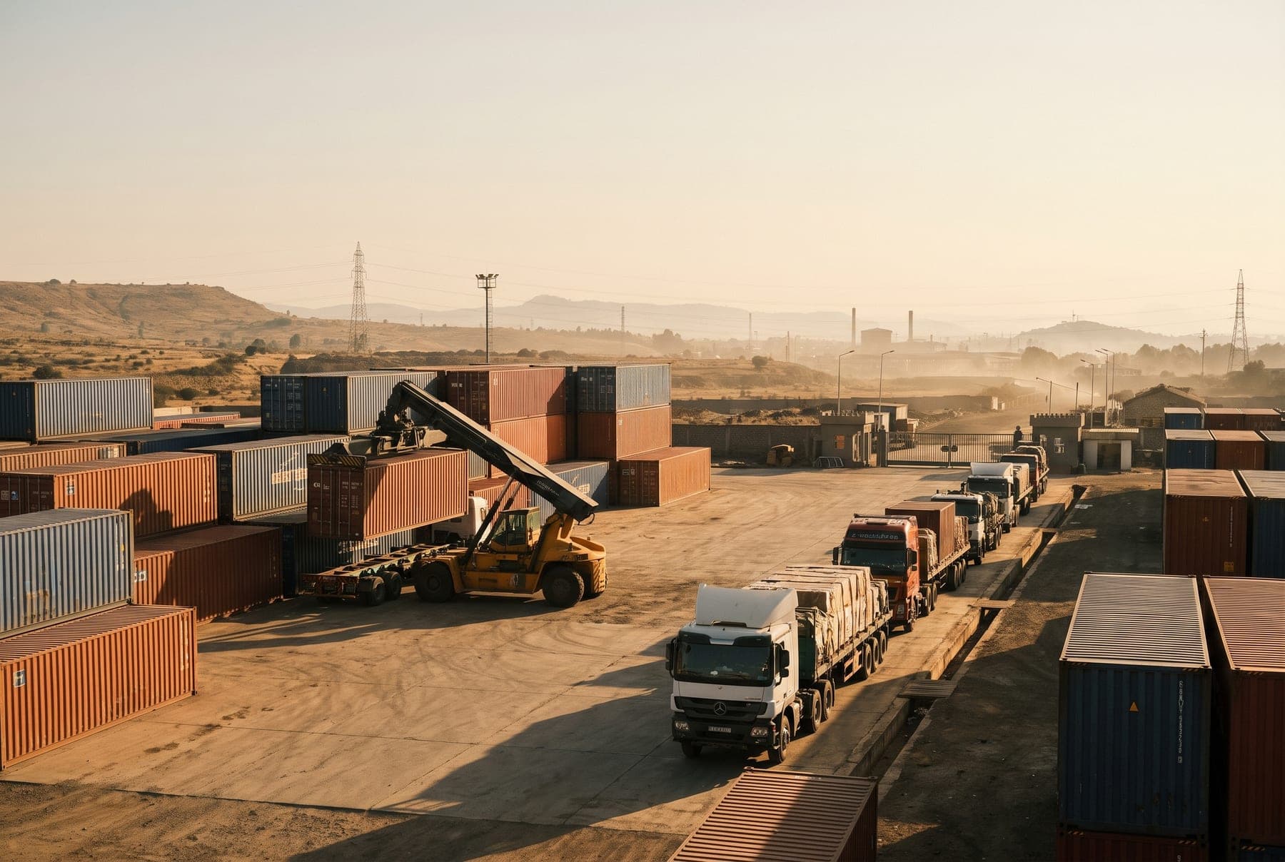 Loaded trucks queue near stacked containers and a reach stacker at a dry port in Ethiopia at first light