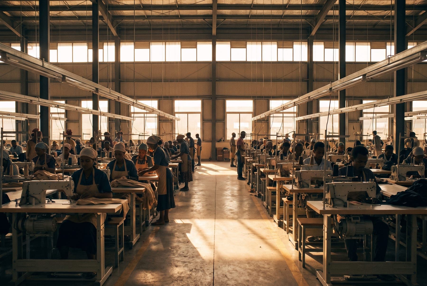 Long production lines under high clerestory windows in a sunlit Ethiopian industrial park manufacturing hall